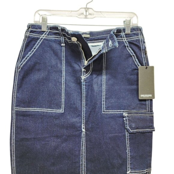 True Religion Womens Denim Cargo Maxi Skirt Size 28 Dark Wash Utility Pocket - Picture 7 of 10